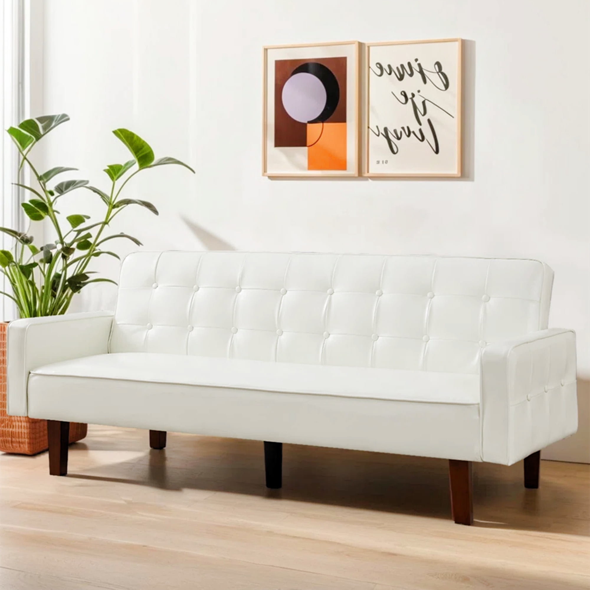 Aukfa 75" Button-Tufted Futon Convertible Sofa Bed for Home Office, Leather, White