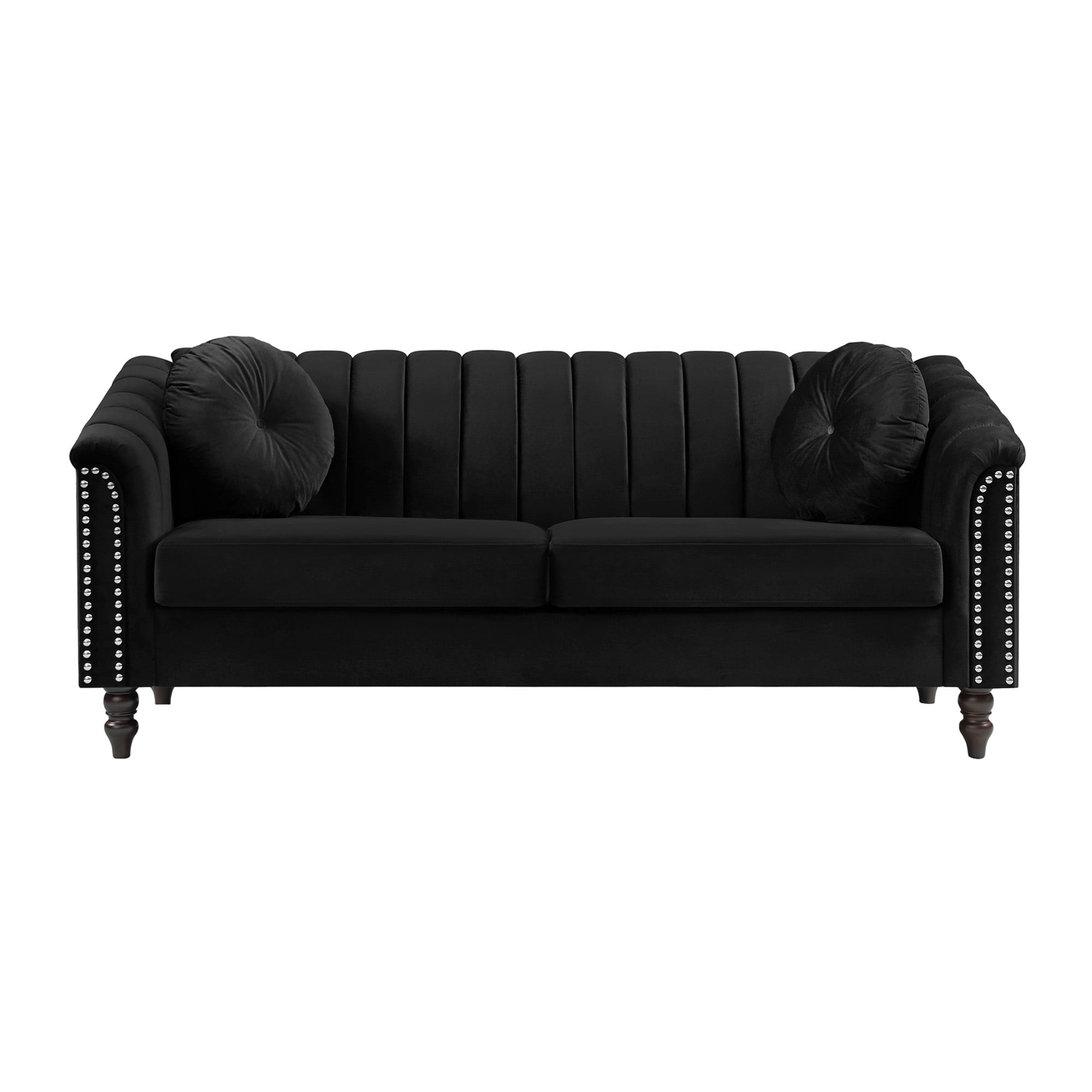 Aukfa 75" Comfy Flannel Sofa, Contemporary 3-Seater Couch for Living Room, 2 Pillows, Black
