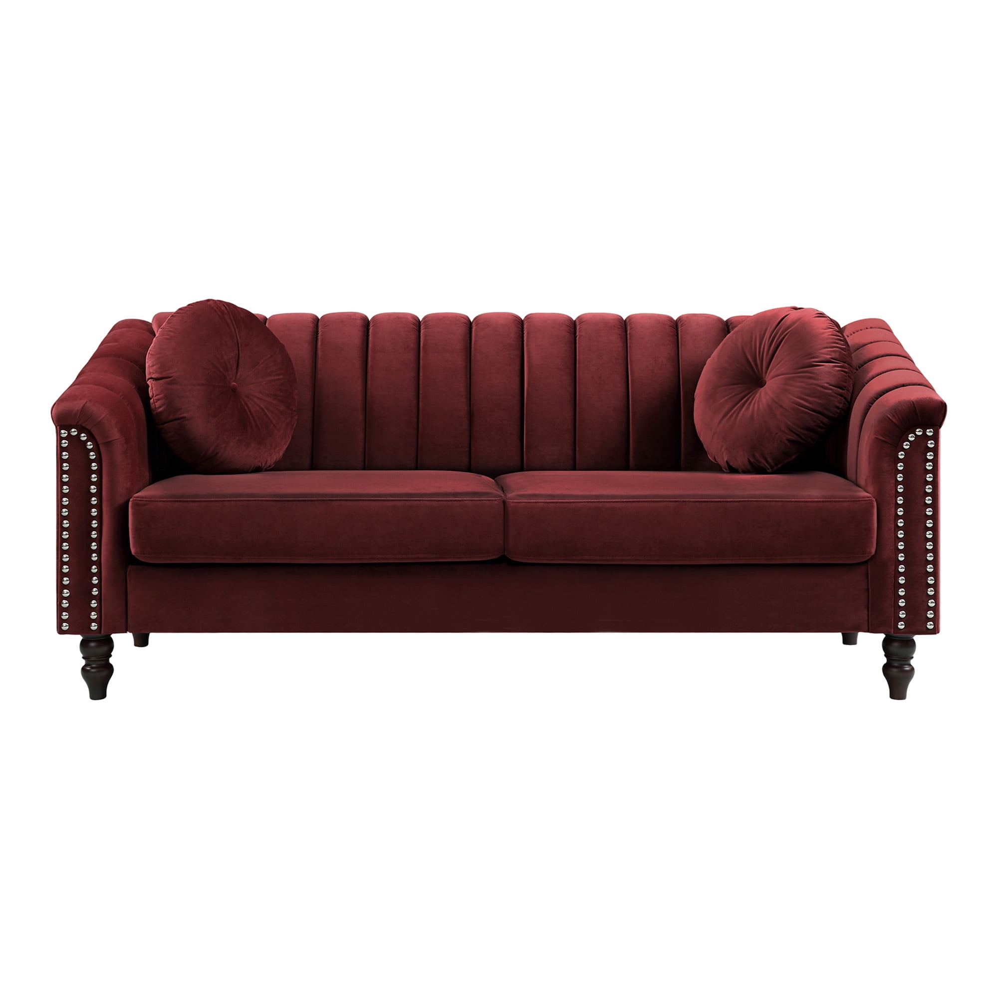 Aukfa 75" Comfy Flannel Sofa, Contemporary 3-Seater Couch for Living Room, 2 Pillows, Red