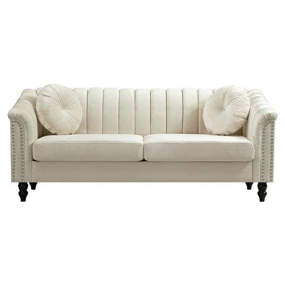 Aukfa 75" Comfy Flannel Sofa, Contemporary 3-Seater Couch for Living Room, 2 Pillows, White