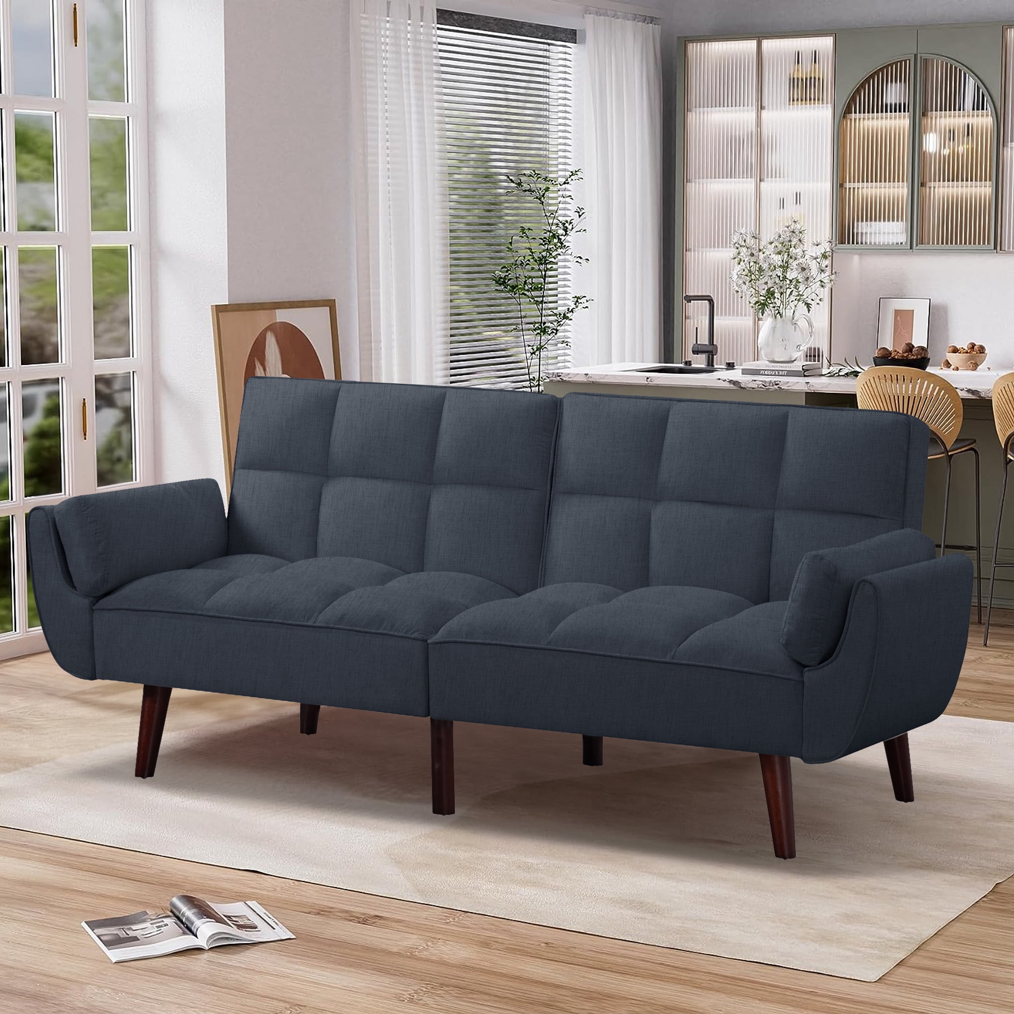 Aukfa 75" Convertible Futon Sofa Bed, Upholstered Loveseat Couch for Home Office, Dark Gray
