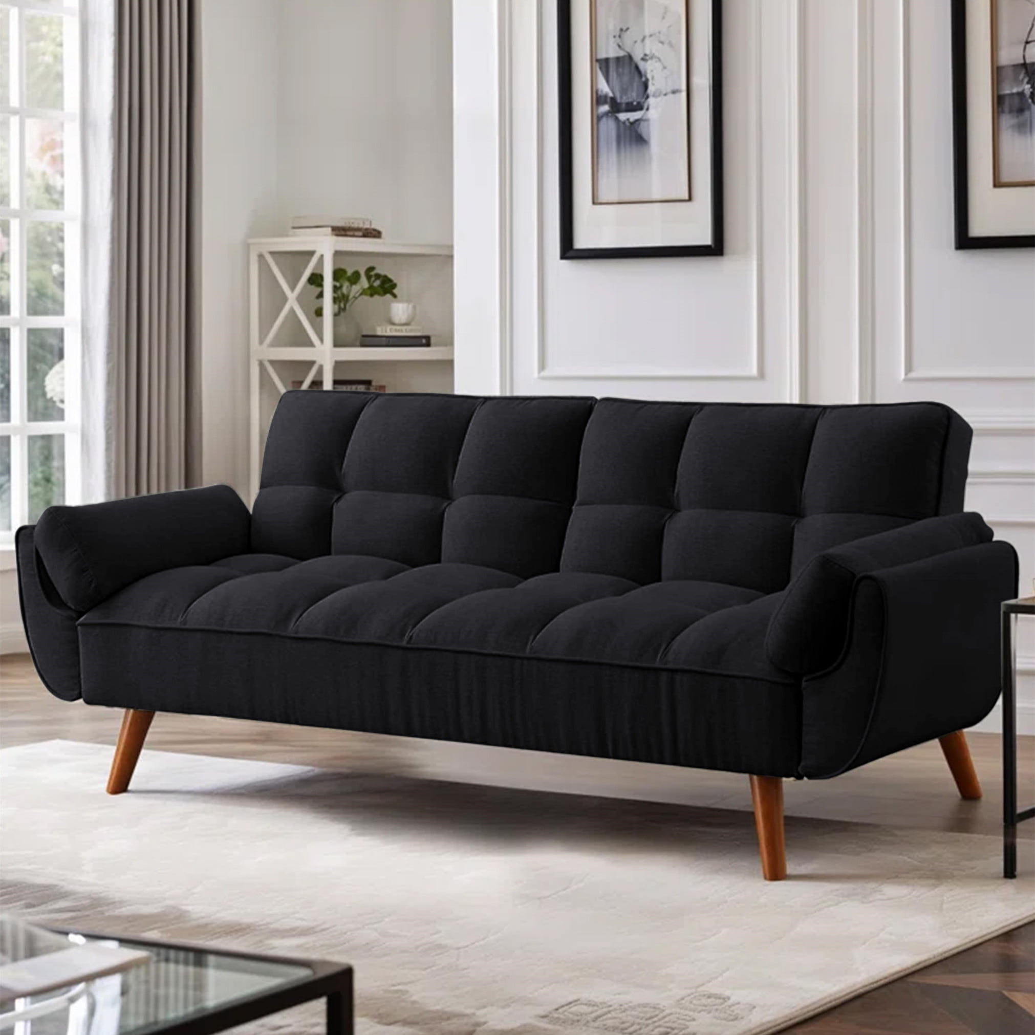 Aukfa 75" Flared Arm Futon Convertible Sofa Bed, Linen Sleeper Couch for Home Office, Black