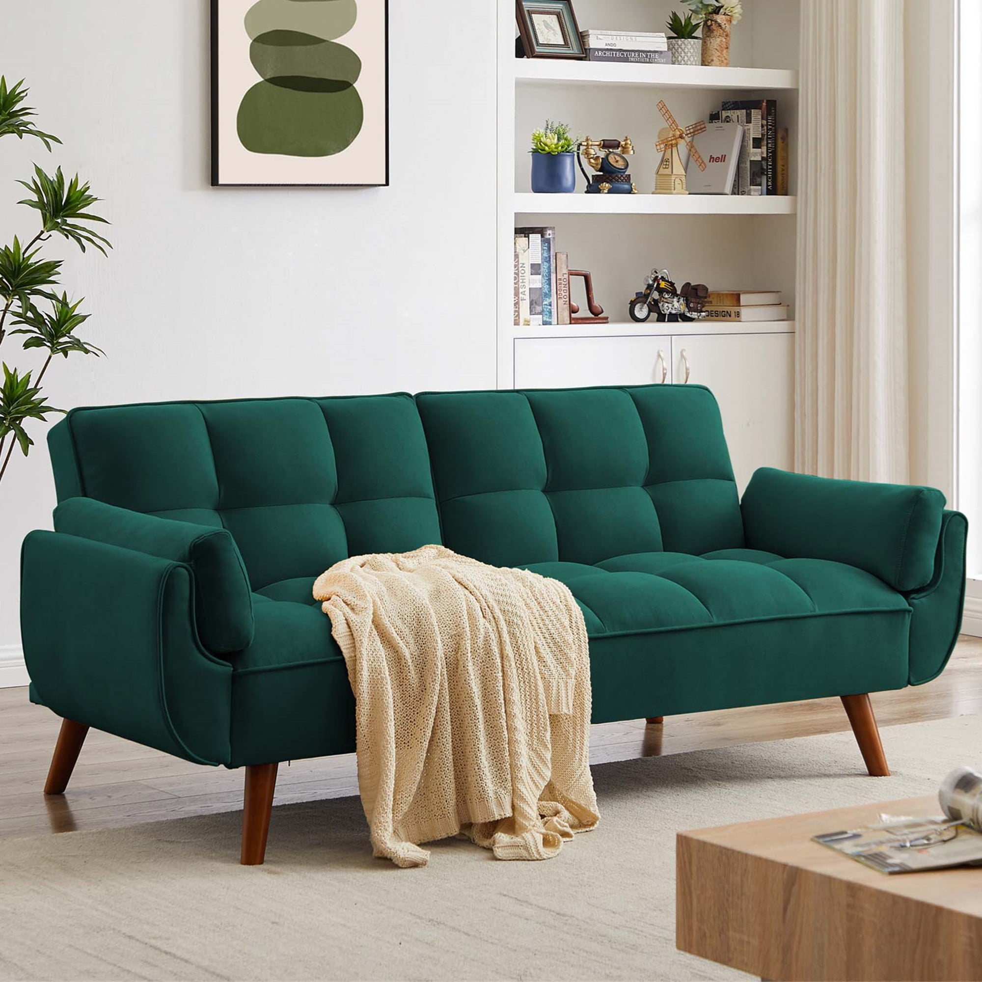 Aukfa 75" Flared Arm Futon Convertible Sofa Bed, Linen Sleeper Couch for Home Office, Green