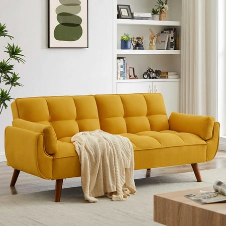 Aukfa 75" Flared Arm Futon Convertible Sofa Bed, Linen Sleeper Couch for Home Office, Yellow