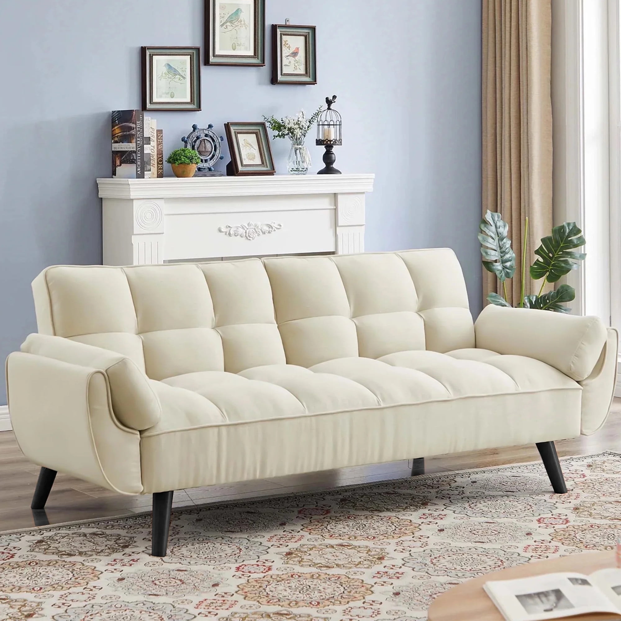 Aukfa 75" Flared Arm Futon Convertible Sofa Bed, Velvet Sleeper Couch for Home Office, Beige