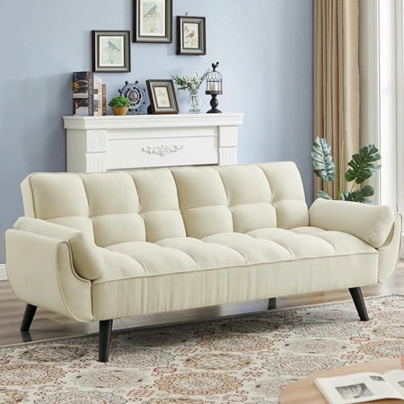 Aukfa 75" Flared Arm Futon Convertible Sofa Bed, Velvet Sleeper Couch for Home Office, Beige