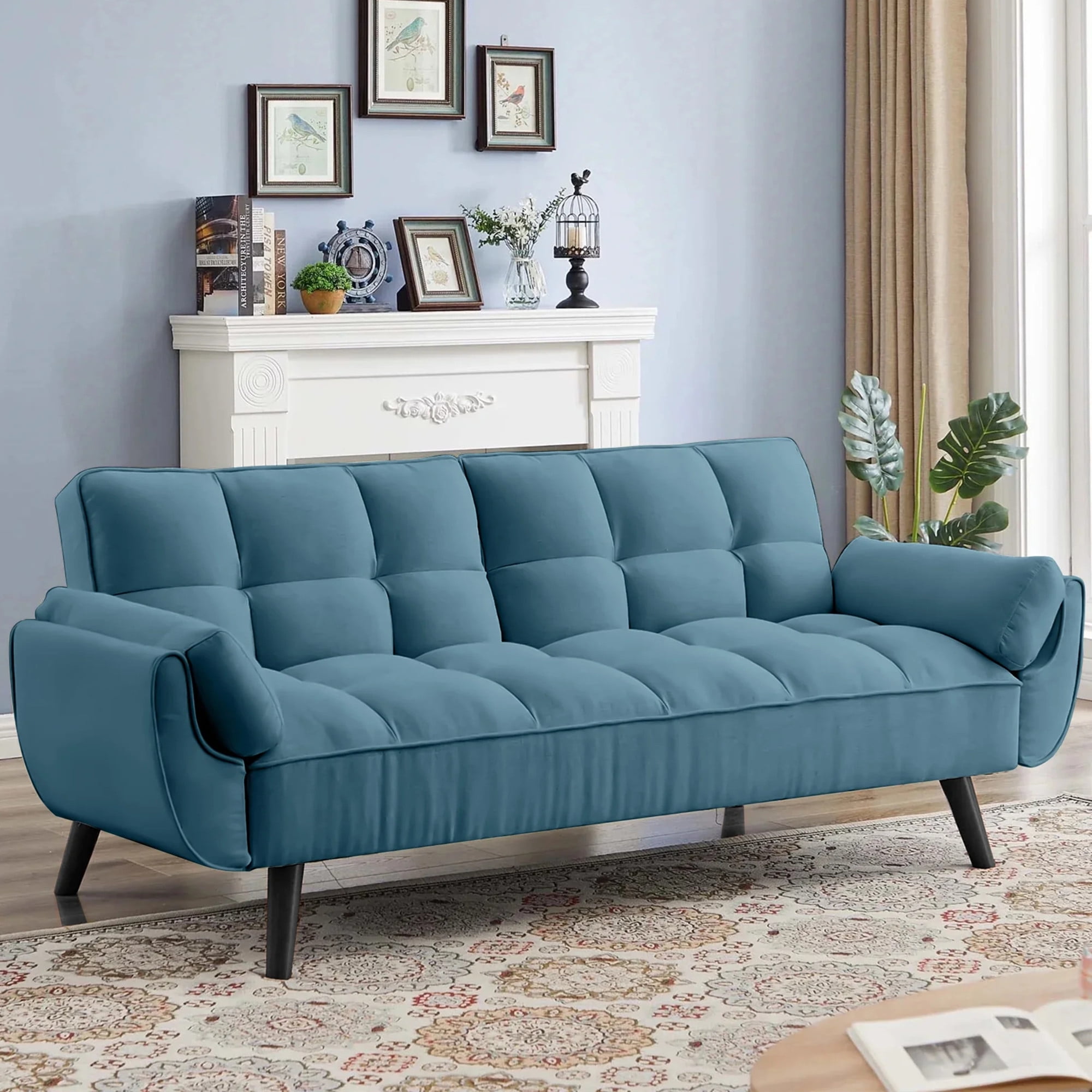 Aukfa 75" Flared Arm Futon Convertible Sofa Bed, Velvet Sleeper Couch for Home Office, Blue
