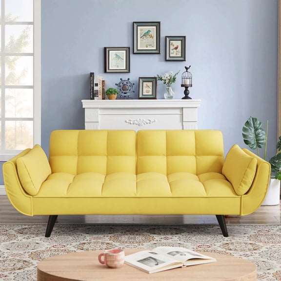 Aukfa 75" Flared Arm Futon Convertible Sofa Bed, Velvet Sleeper Couch for Home Office, Yellow