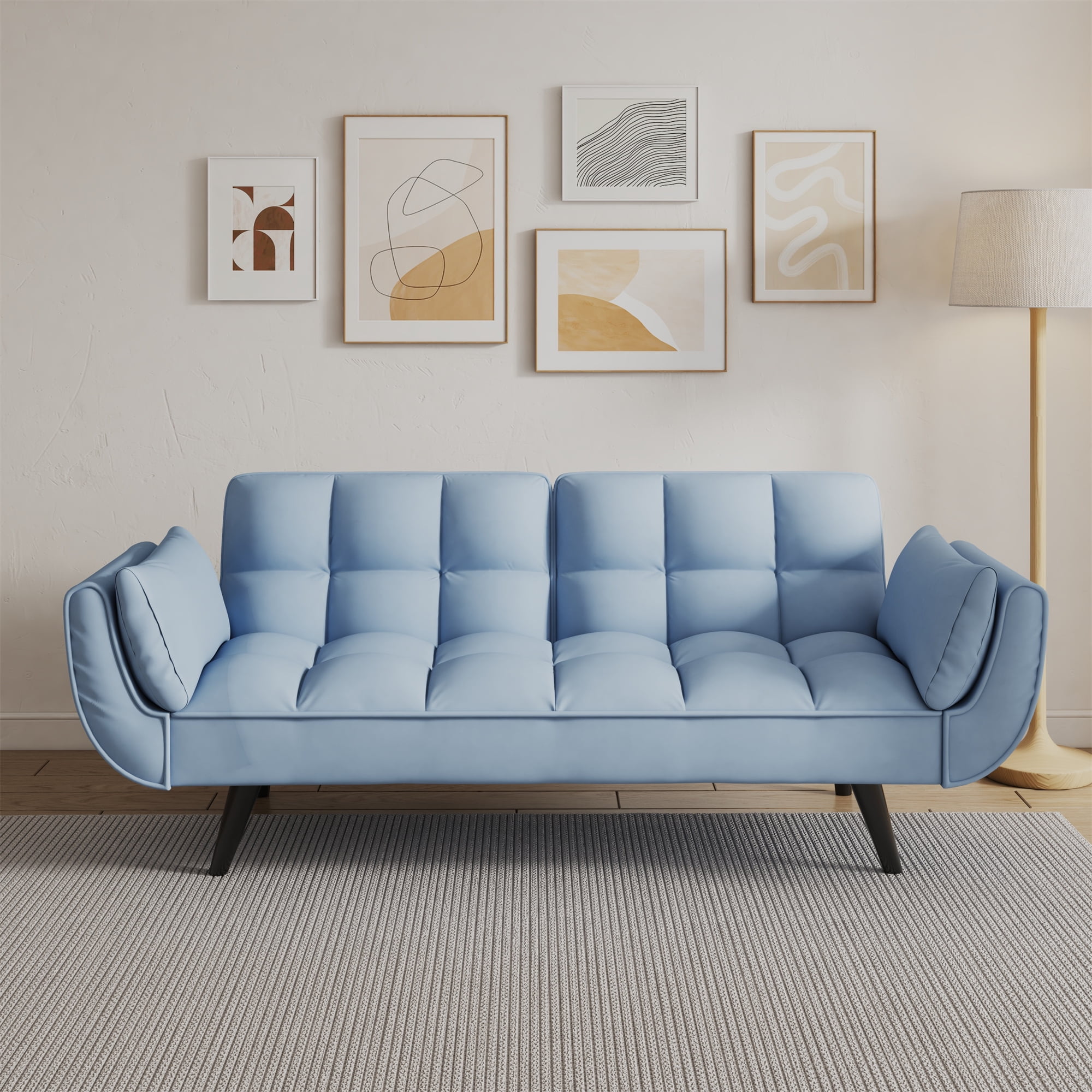 Aukfa 75" Flared Arm Futon Convertible Sofa Bed, Curved Sleeper Sofa for Home Office, Blue