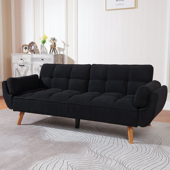 Aukfa 75" Flared Arm Futon Convertible Sofa Bed, Curved Sleeper Sofa for Home Office, Corduroy, Black