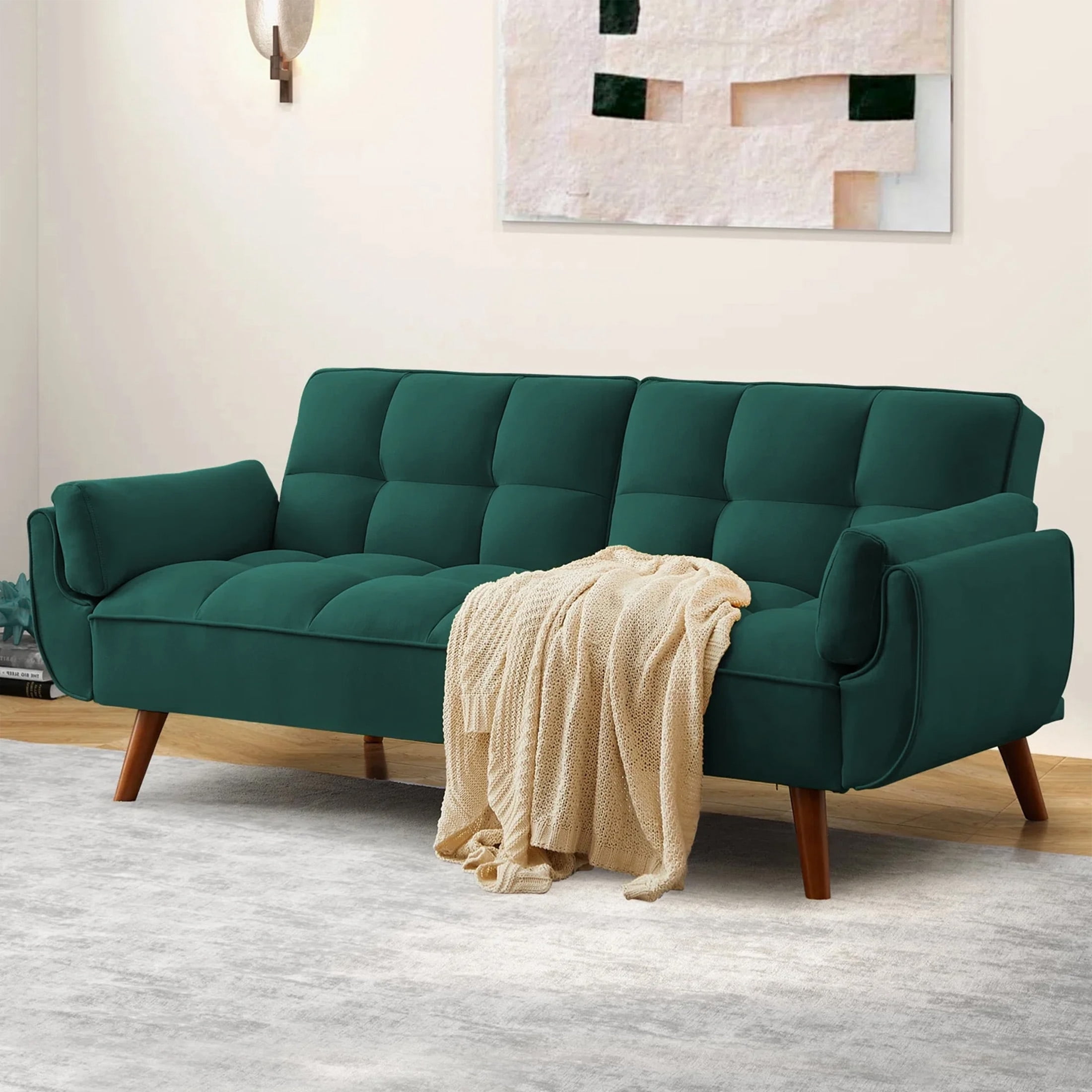 Aukfa 75" Deep Tufted Futon Convertible Sofa Bed, Linen Sleeper Couch for Home Office, Green
