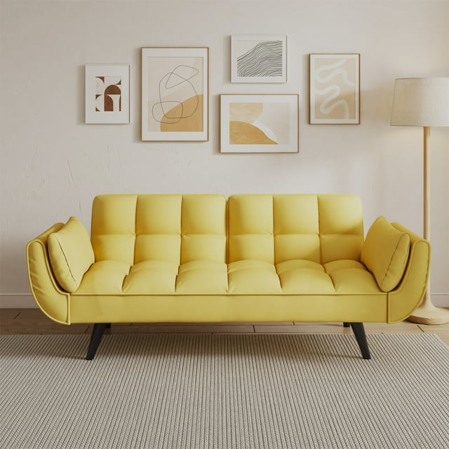 Aukfa 75" Flared Arm Futon Convertible Sofa Bed, Curved Sleeper Sofa for Home Office, Yellow