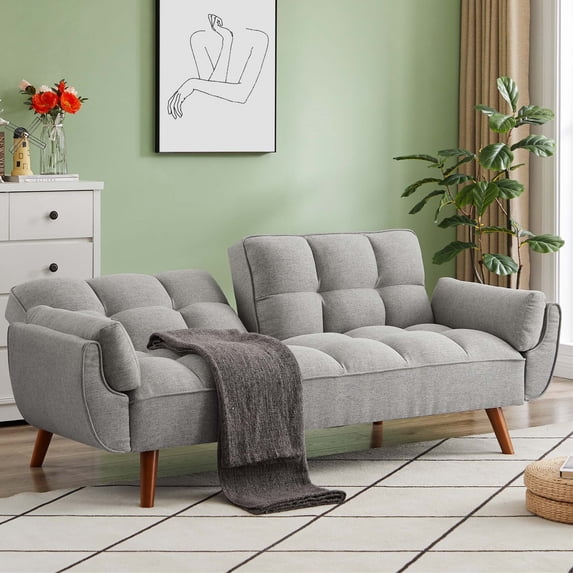 Aukfa 75" Flared Arm Futon Convertible Sofa Bed, Tufted Sleeper Couch for Home Office, Linen, Gray