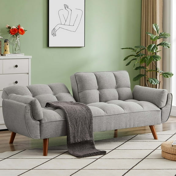 Aukfa 75" Flared Arm Futon Convertible Sofa Bed, Tufted Sleeper Couch for Home Office, Linen, Gray
