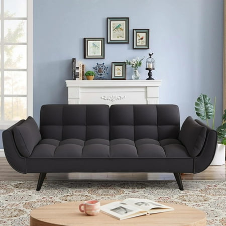 Aukfa 75" Flared Arm Futon Convertible Sofa Bed, Velvet Sleeper Couch for Home Office, Black