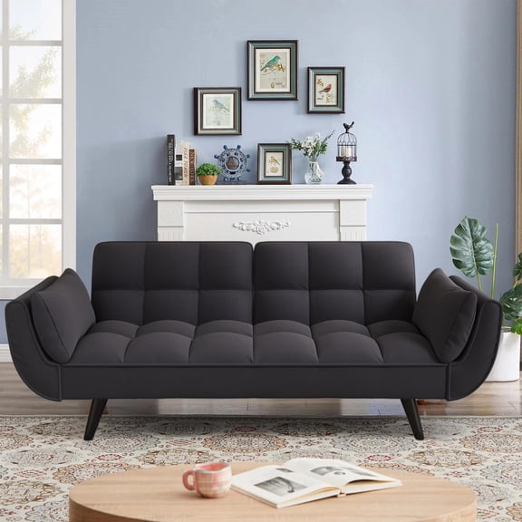 Aukfa 75" Flared Arm Futon Convertible Sofa Bed, Velvet Sleeper Couch for Home Office, Black
