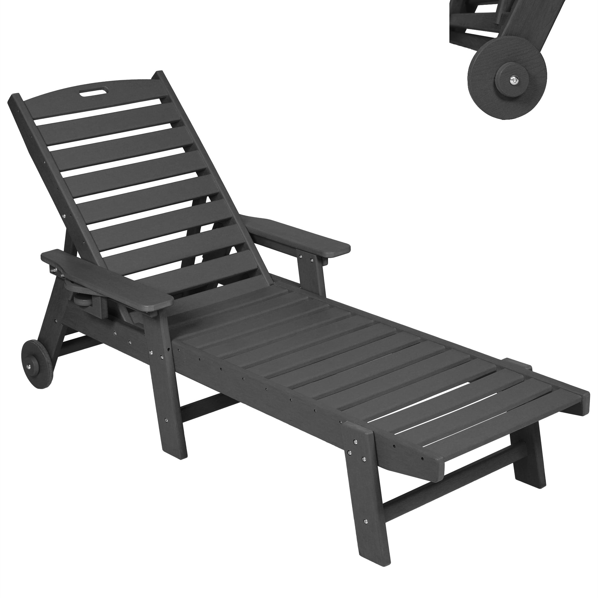 Aukfa 75" HDPE Outdoor Patio Chaise Lounge Chair with Cup Holder&Wheels, Adjustable Backrest, Black
