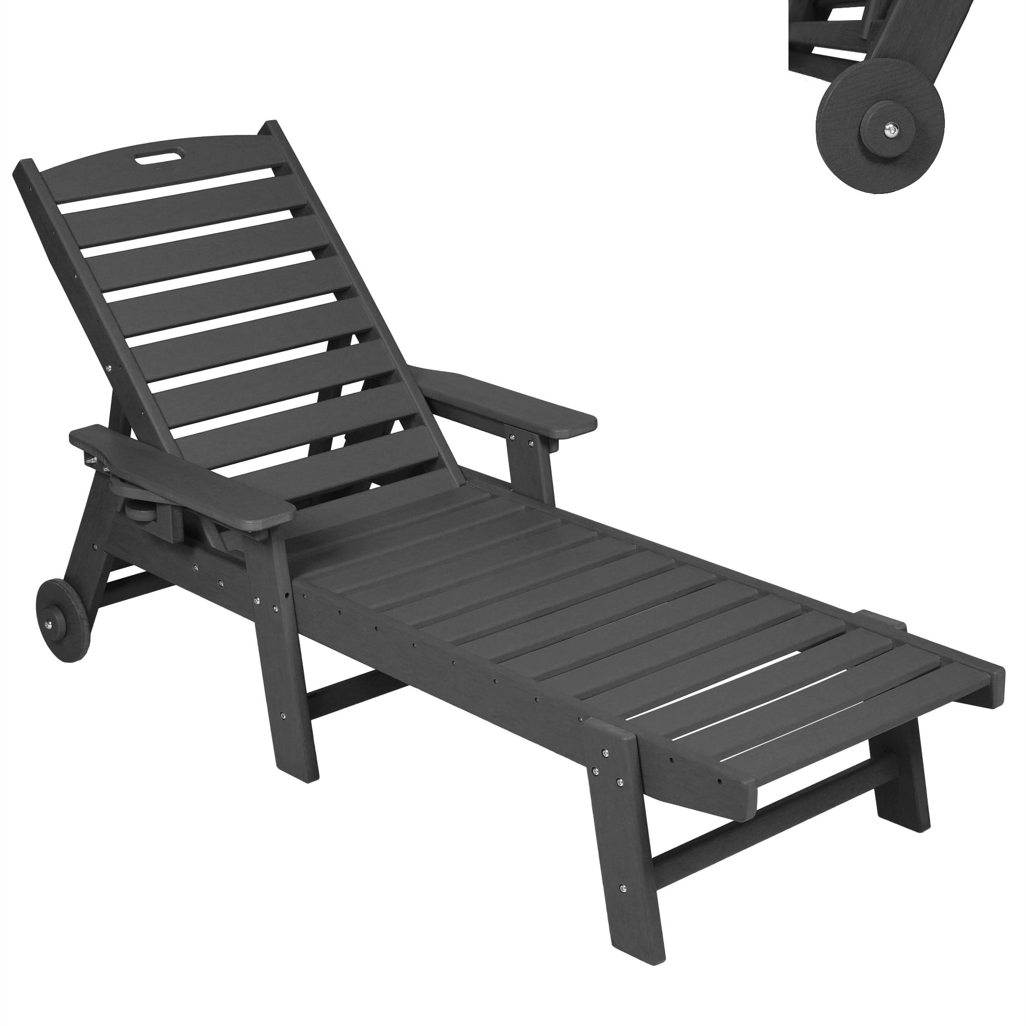 Aukfa 75" HDPE Outdoor Patio Chaise Lounge Chair with Cup Holder&Wheels, Adjustable Backrest, Gray