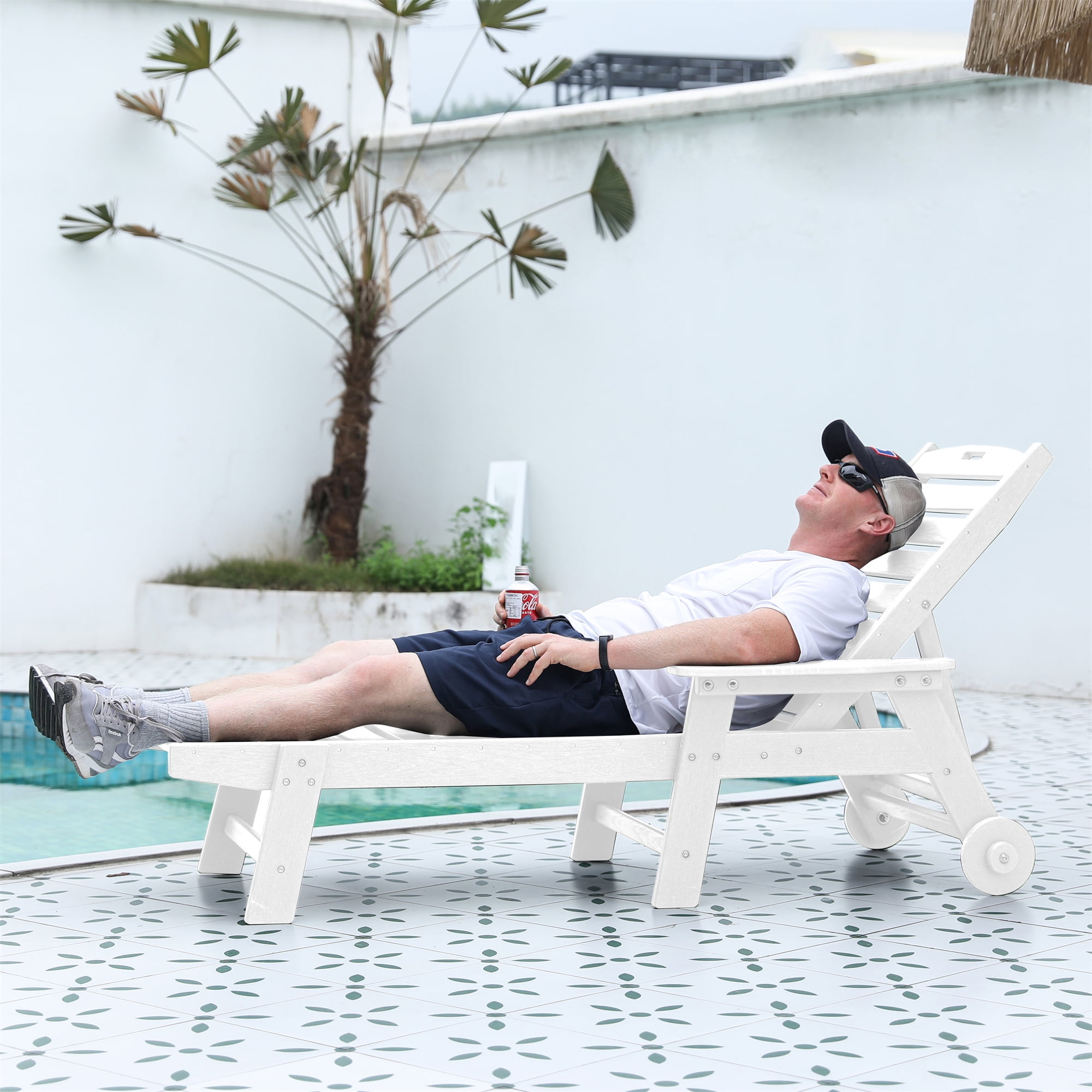 Aukfa 75" HDPE Outdoor Patio Chaise Lounge Chair with Cup Holder&Wheels, Adjustable Backrest, White