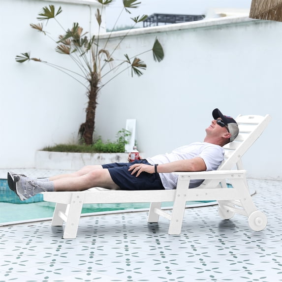Aukfa 75" HDPE Outdoor Patio Chaise Lounge Chair with Cup Holder&Wheels, Adjustable Backrest, White
