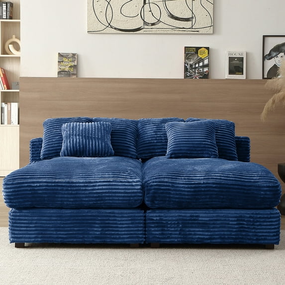 Aukfa 75 inch Double Chaise, Oversized Sofa Bed w/ 6 Pillows, Plush Chair Bed for Living Room, Corduroy, Navy