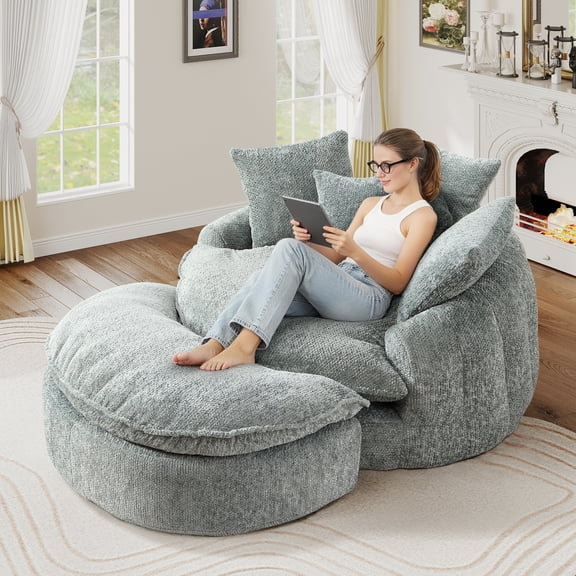 Aukfa 75" Oversized Round Chaise Lounge Chair with Half Moon Ottoman, Boneless Cloud Circle Deep Seat Sofa Set for Living Room, 5 Pillows, No Assembly Required, Light Blue