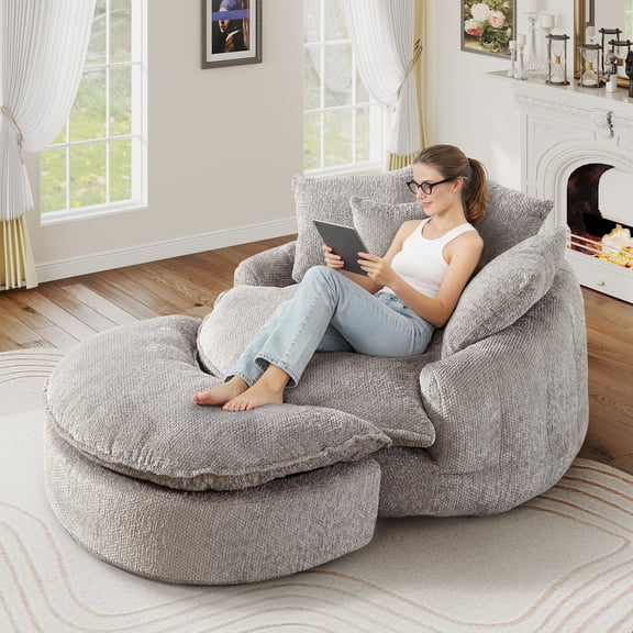 Aukfa 75" Oversized Round Chaise Lounge Chair with Half Moon Ottoman, Boneless Cloud Circle Deep Seat Sofa Set for Living Room, 5 Pillows, No Assembly Required, Light Gray