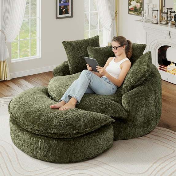Aukfa 75" Oversized Round Chaise Lounge Chair with Half Moon Ottoman, Boneless Cloud Circle Deep Seat Sofa Set for Living Room, 5 Pillows, No Assembly Required, Olive