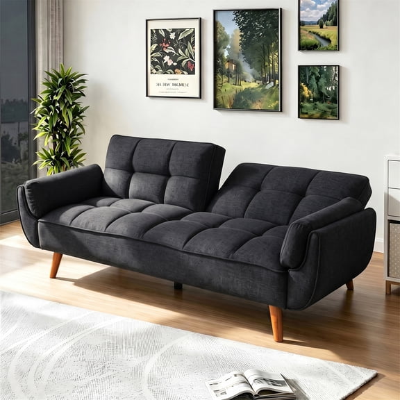 Aukfa 75" Pillow Top Arm Futon Convertible Sofa Bed, Tufted Loveseat Sleeper Couch for Home Office, Linen, Black
