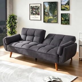 Aukfa 75" Pillow Top Arm Futon Convertible Sofa Bed, Tufted Loveseat Sleeper Couch for Home Office, Linen, Dark Gray
