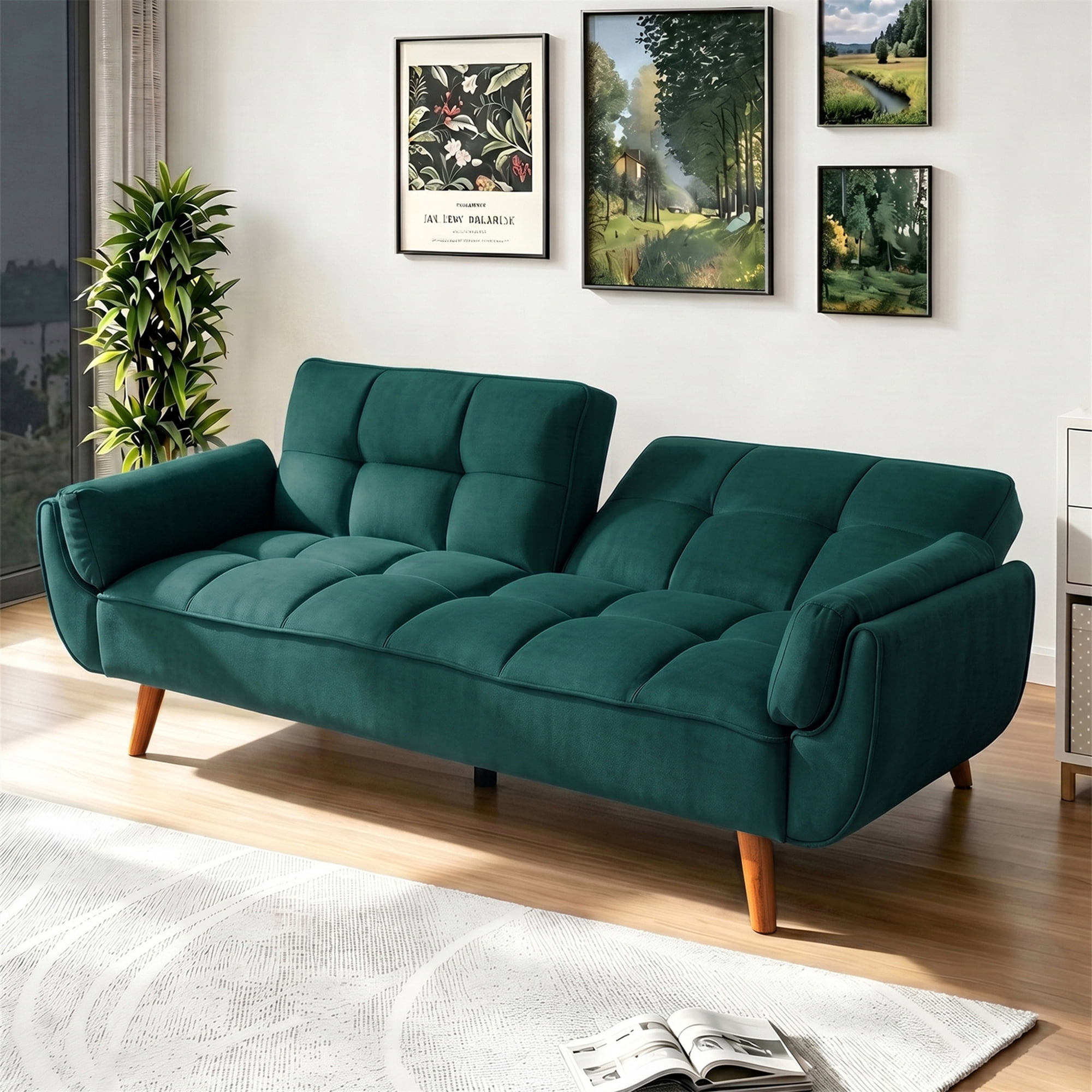 Aukfa 75" Pillow Top Arm Futon Convertible Sofa Bed, Tufted Loveseat Sleeper Couch for Home Office, Linen, Peacock Blue