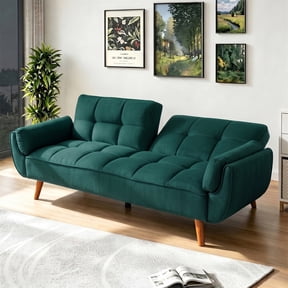 Aukfa 75" Pillow Top Arm Futon Convertible Sofa Bed, Tufted Loveseat Sleeper Couch for Home Office, Linen, Peacock Blue