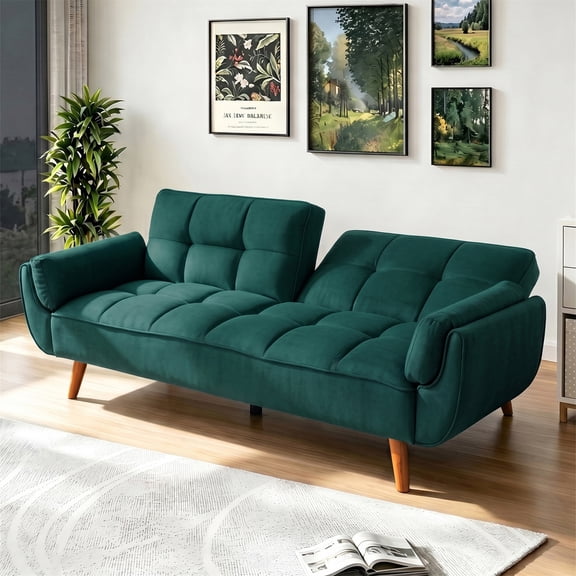 Aukfa 75" Pillow Top Arm Futon Convertible Sofa Bed, Tufted Loveseat Sleeper Couch for Home Office, Linen, Peacock Blue