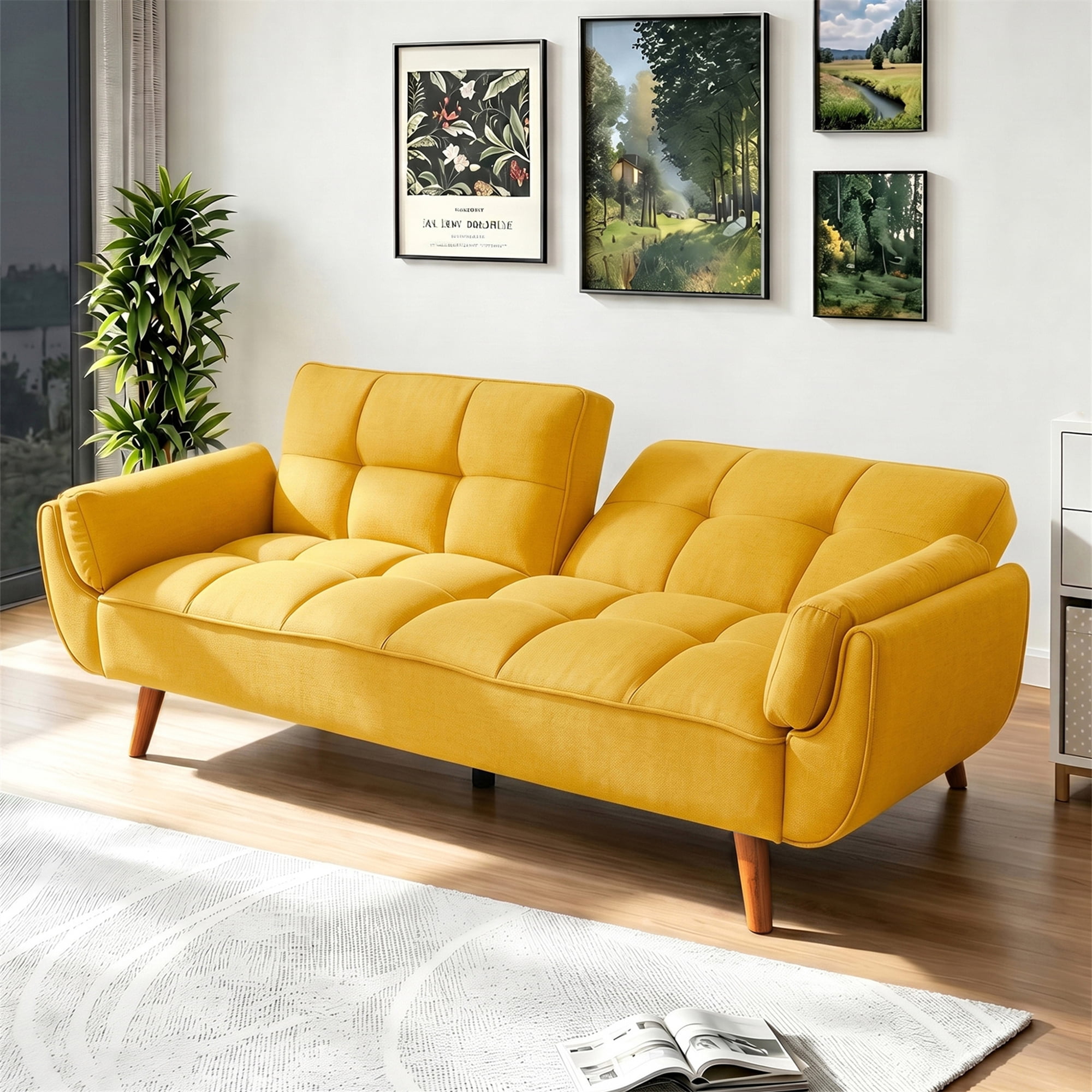 Aukfa 75" Pillow Top Arm Futon Convertible Sofa Bed, Tufted Loveseat Sleeper Couch for Home Office, Linen, Yellow