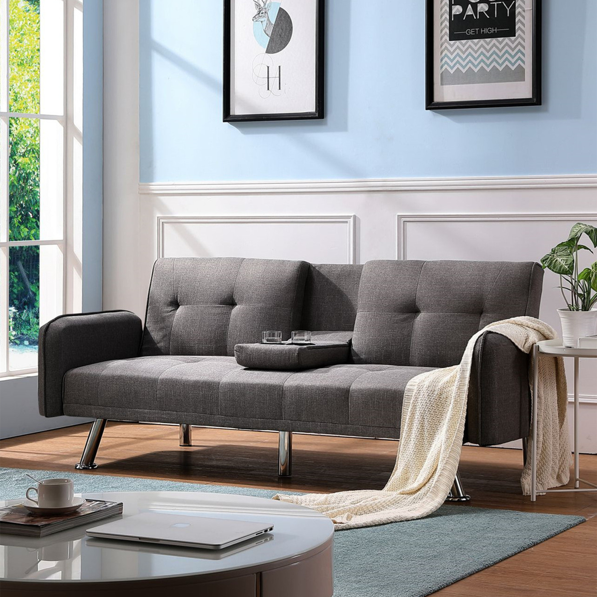 Aukfa 75" Square Arm Futon Convertible Sofa Bed for Home Office, 2 Cup