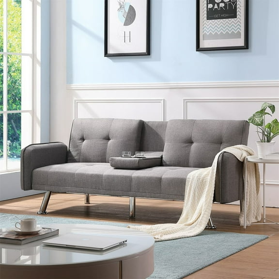 Aukfa 75" Square Arm Futon Convertible Sofa Bed for Home Office, 2 Cup Holders, Linen, Gray
