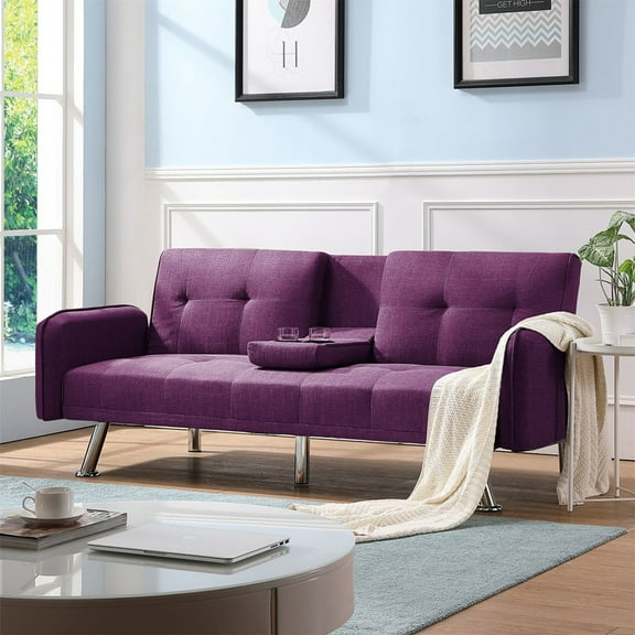 Aukfa 75" Square Arm Futon Convertible Sofa Bed for Home Office, 2 Cup Holders, Linen, Purple