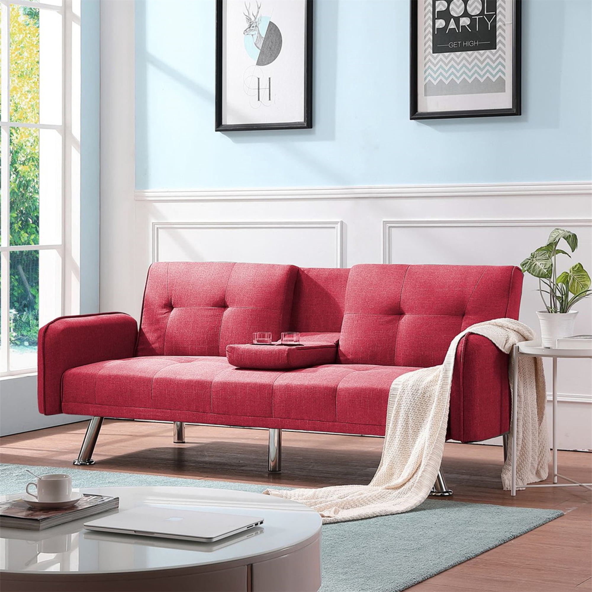 Aukfa 75" Square Arm Futon Convertible Sofa Bed for Home Office, 2 Cup Holders, Linen, Red