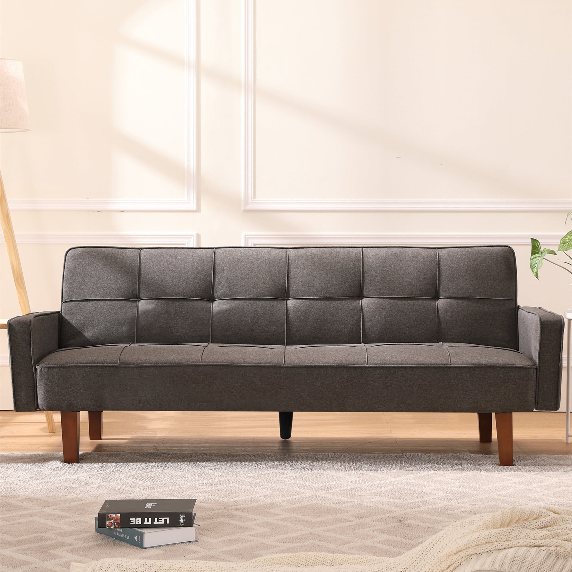 Aukfa 75" Square Arm Futon Sofa Bed Convertible Couch for Home Office, Wooden Legs, Linen, Gray