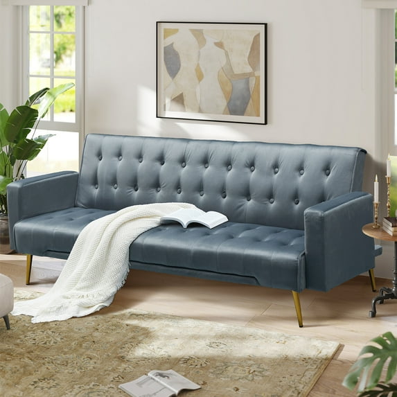 Aukfa 76" Velvet Futon Convertible Sofa Bed, 3 Seat Tufted Couch for Home Office, Dark Gray