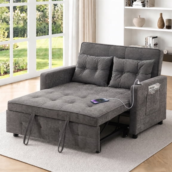 Aukfa 47" Chaise Futon Convertible Sofa Bed Loveseat Sleeper with USB Ports, Side Pocket, Linen, Gray