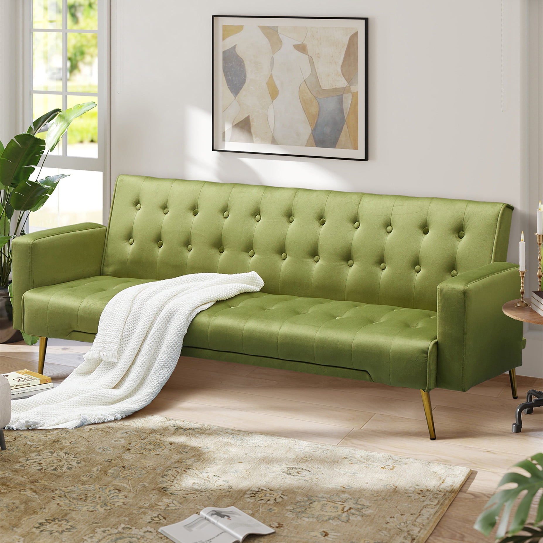 Aukfa 76" Velvet Futon Convertible Sofa Bed, 3 Seat Tufted Couch for Home Office, Army Green