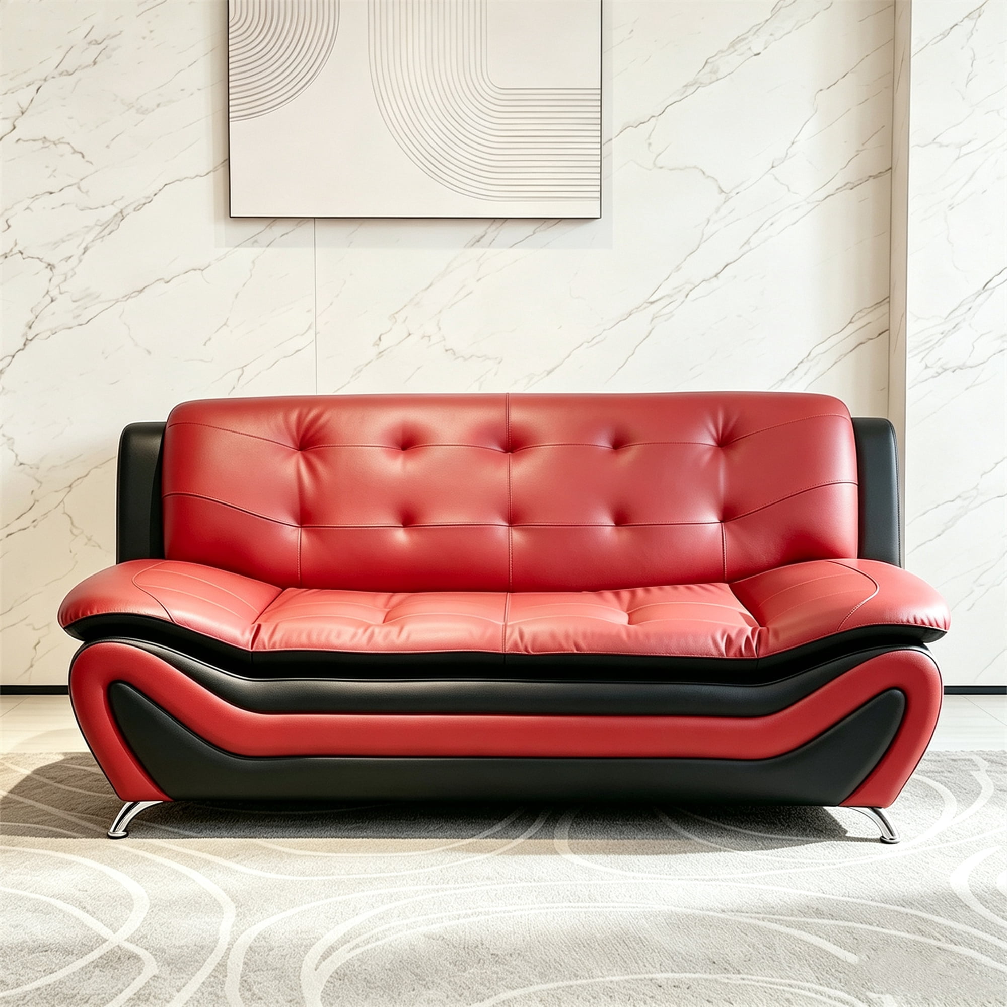 Aukfa 76.5" Upholstered 3 Seat Sofa Couch for Living Room, Leather, Tufted Back, Black&Red