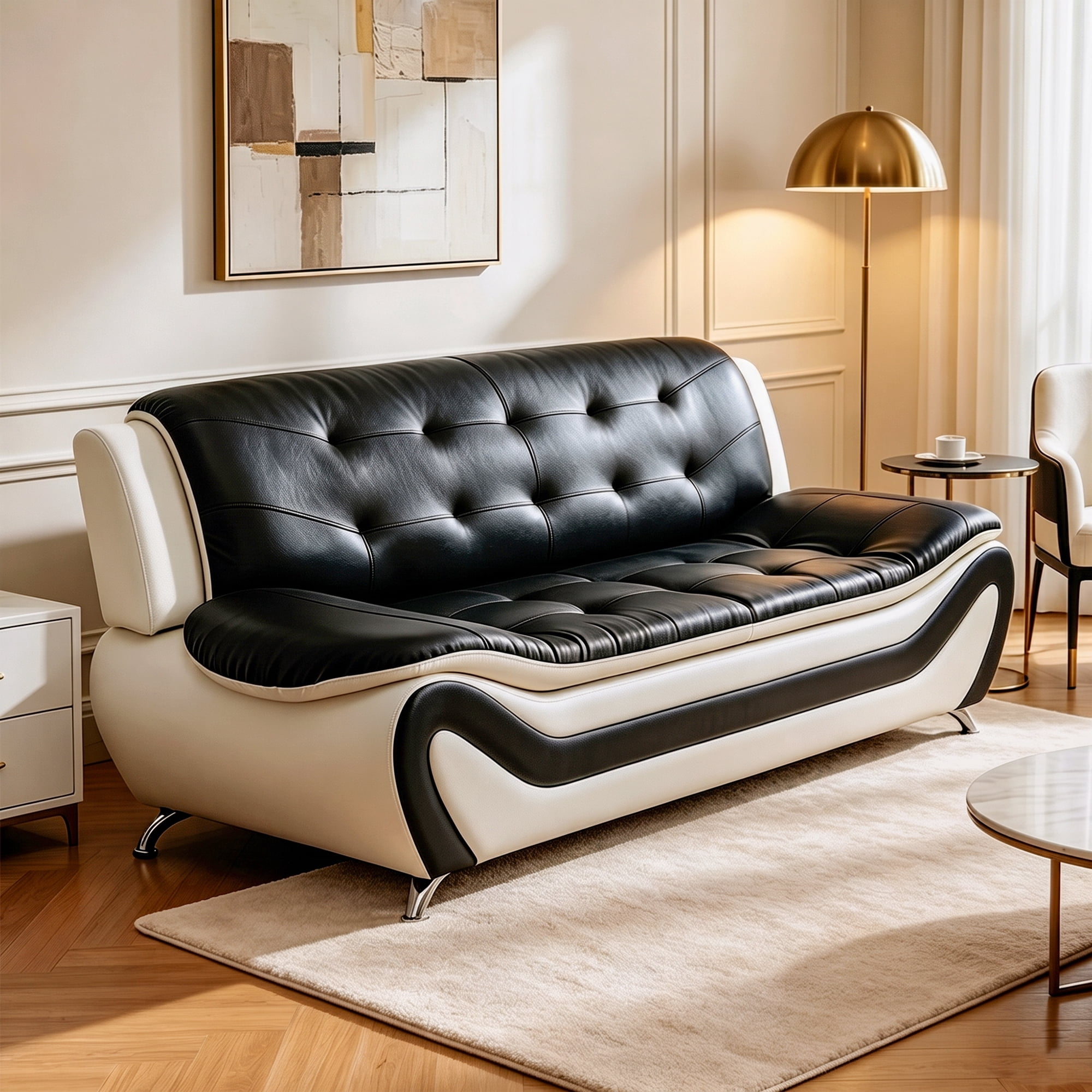 Aukfa 76.5" Upholstered 3 Seat Sofa Couch for Living Room, Leather, Tufted Back, Black&White