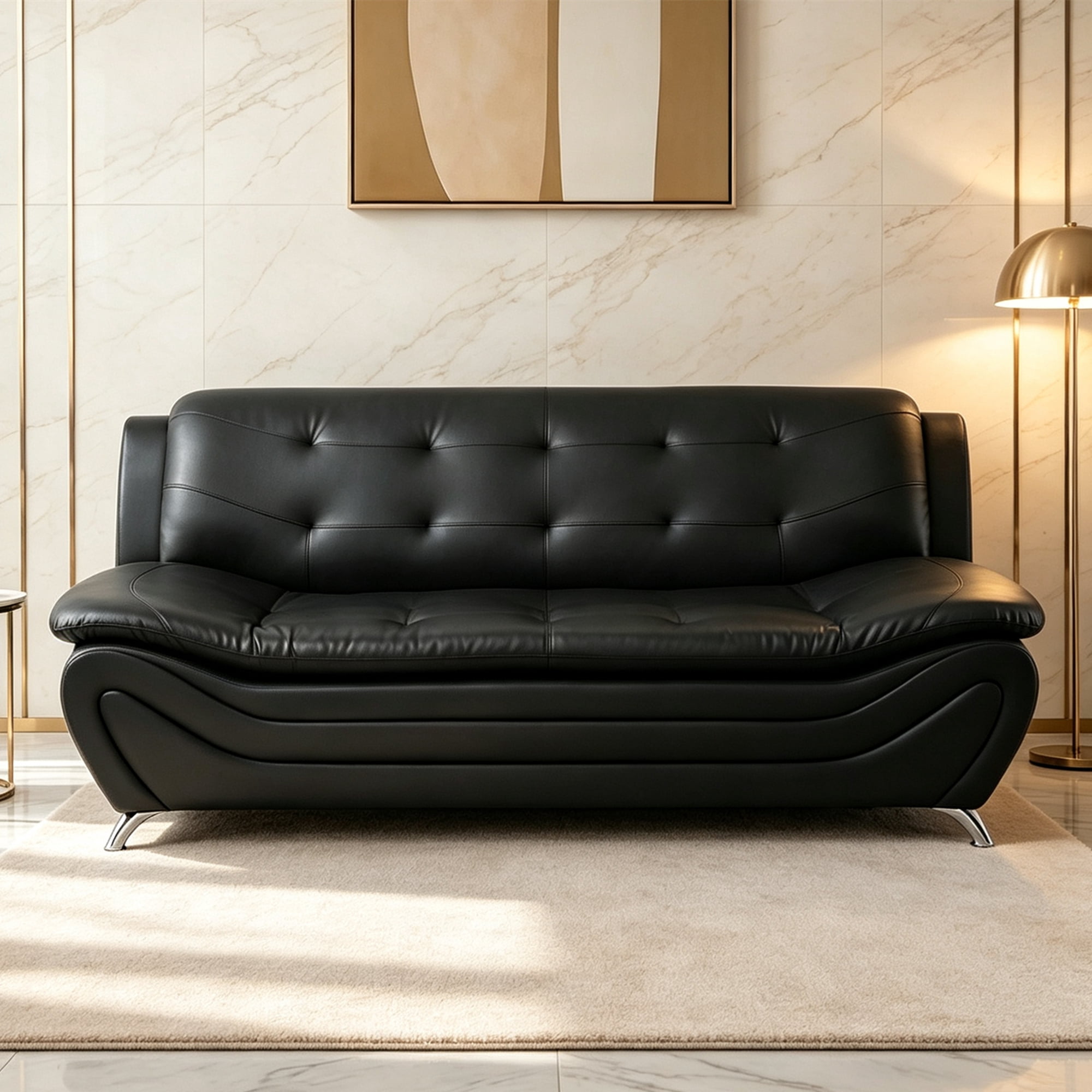 Aukfa 76.5" Upholstered 3 Seat Sofa Couch for Living Room, Leather, Tufted Back, Black