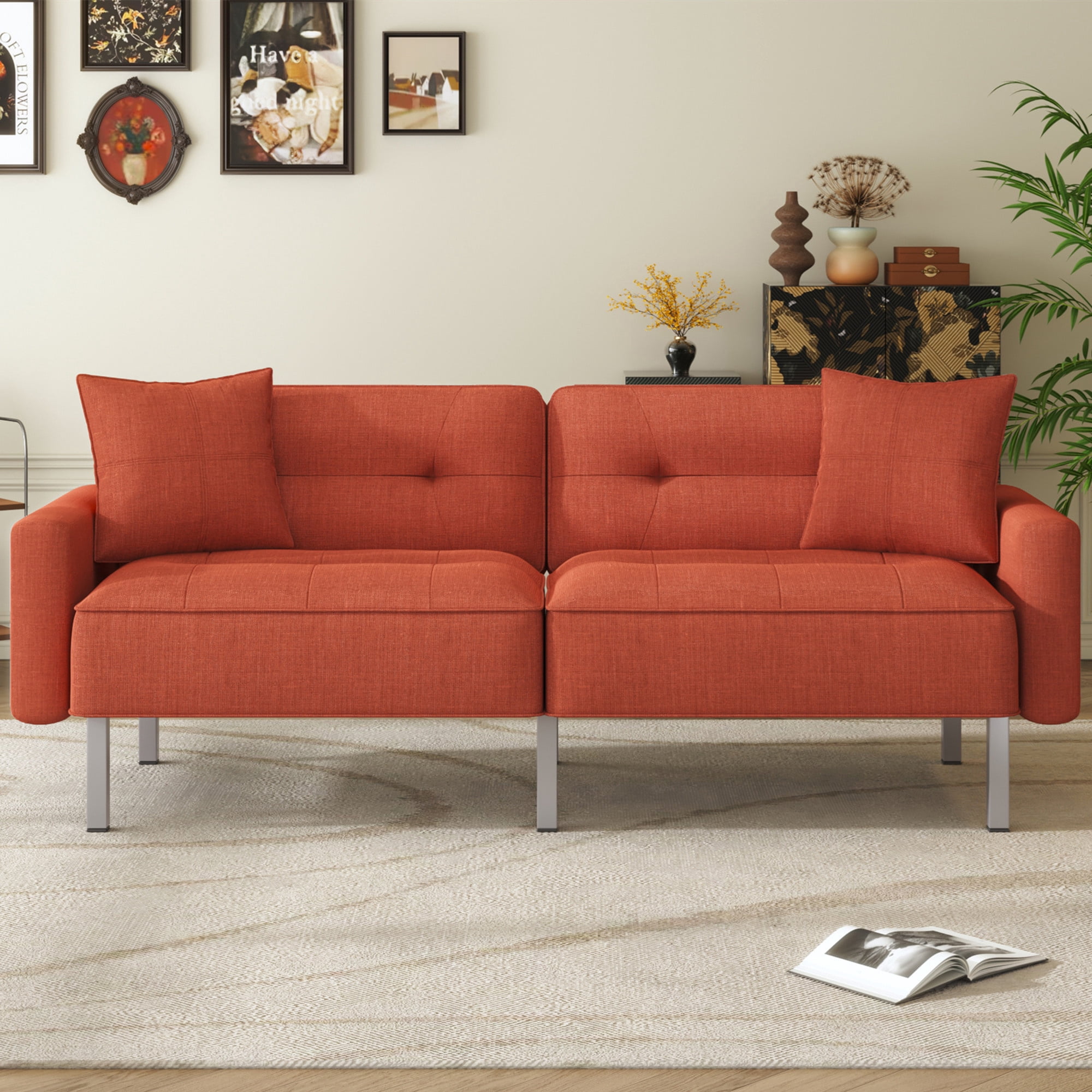 Aukfa 76" Futon Convertible Sofa Bed, 2 Seater Arm Couch for Home Office, 2 Pillows, Linen, Orange