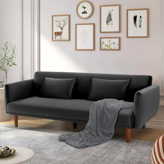 Aukfa 76" Velvet Futon Convertible Sofa Bed, 3 Seater Arm Couch for Home Office, 2 Pillows, Black
