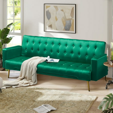 Aukfa 76" Velvet Futon Convertible Sofa Bed Tufted Arm Couch for Home Office, Green
