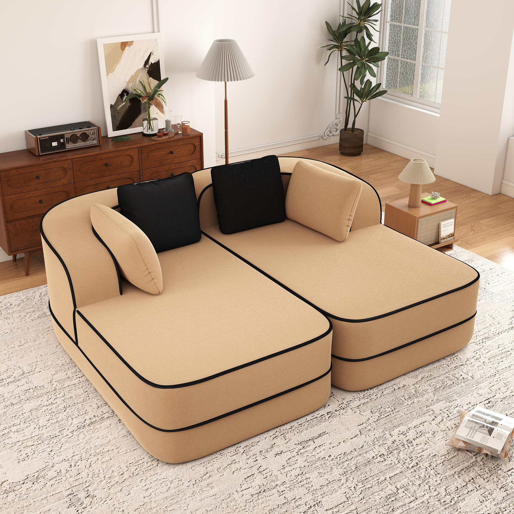 Aukfa 77" Double Chaise Sleeper Sofa, 2-Piece Modular Sectional, Teddy Velvet, Camel
