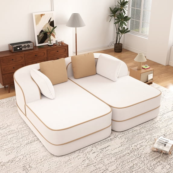 Aukfa 77" Double Chaise Sleeper Sofa, 2-Piece Modular Sectional, Teddy Velvet, White